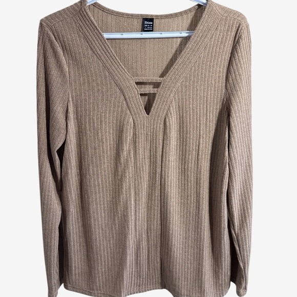 Ebizza Tops - Ebizza Womens Ribbed V-Neck Long Sleeve Top Tan Brown Strap Detail Size Large